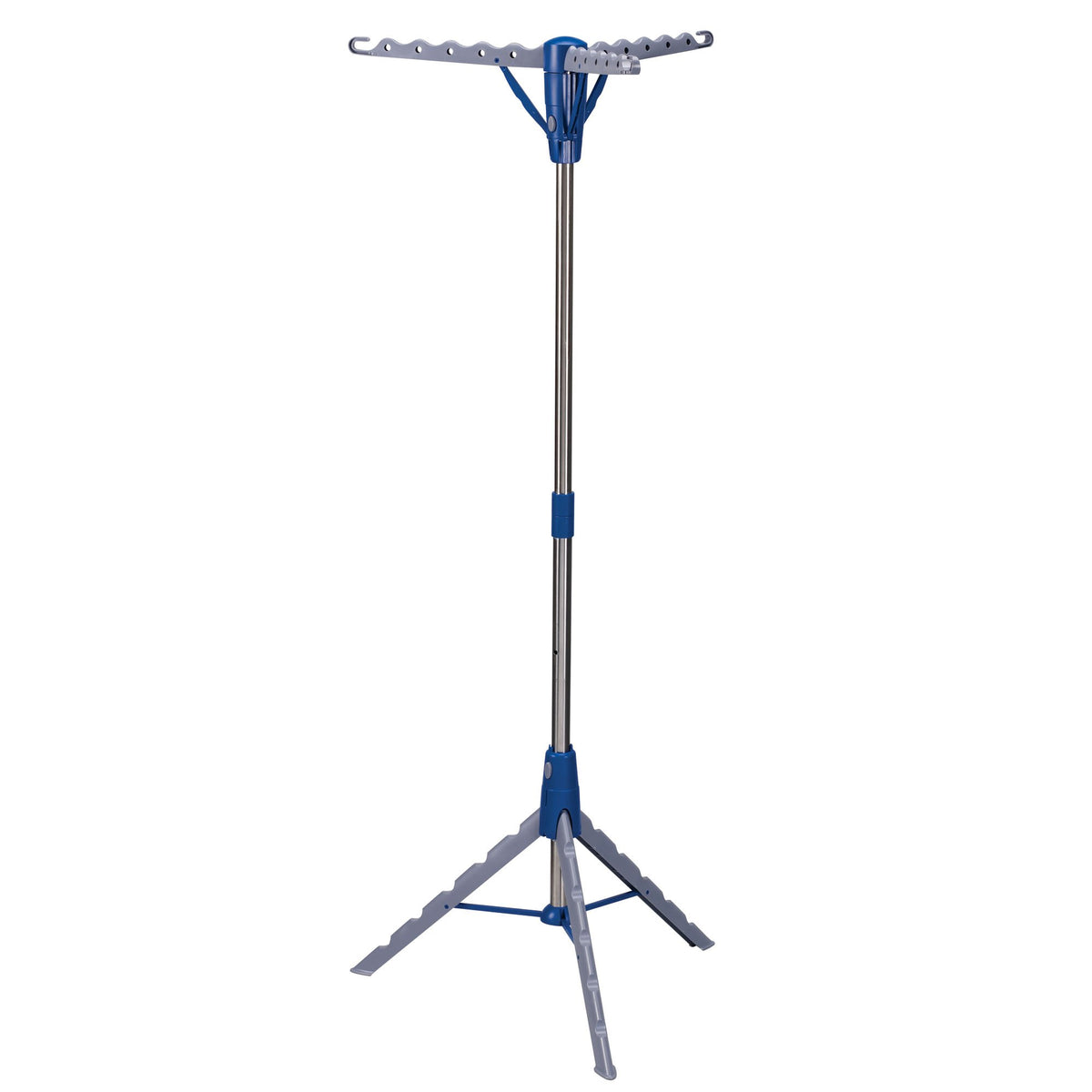 Household Essentials front view of silver and blue tripod rack showing full frame and benefits