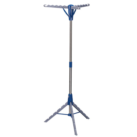 Household Essentials front view of silver and blue tripod rack showing full frame and benefits