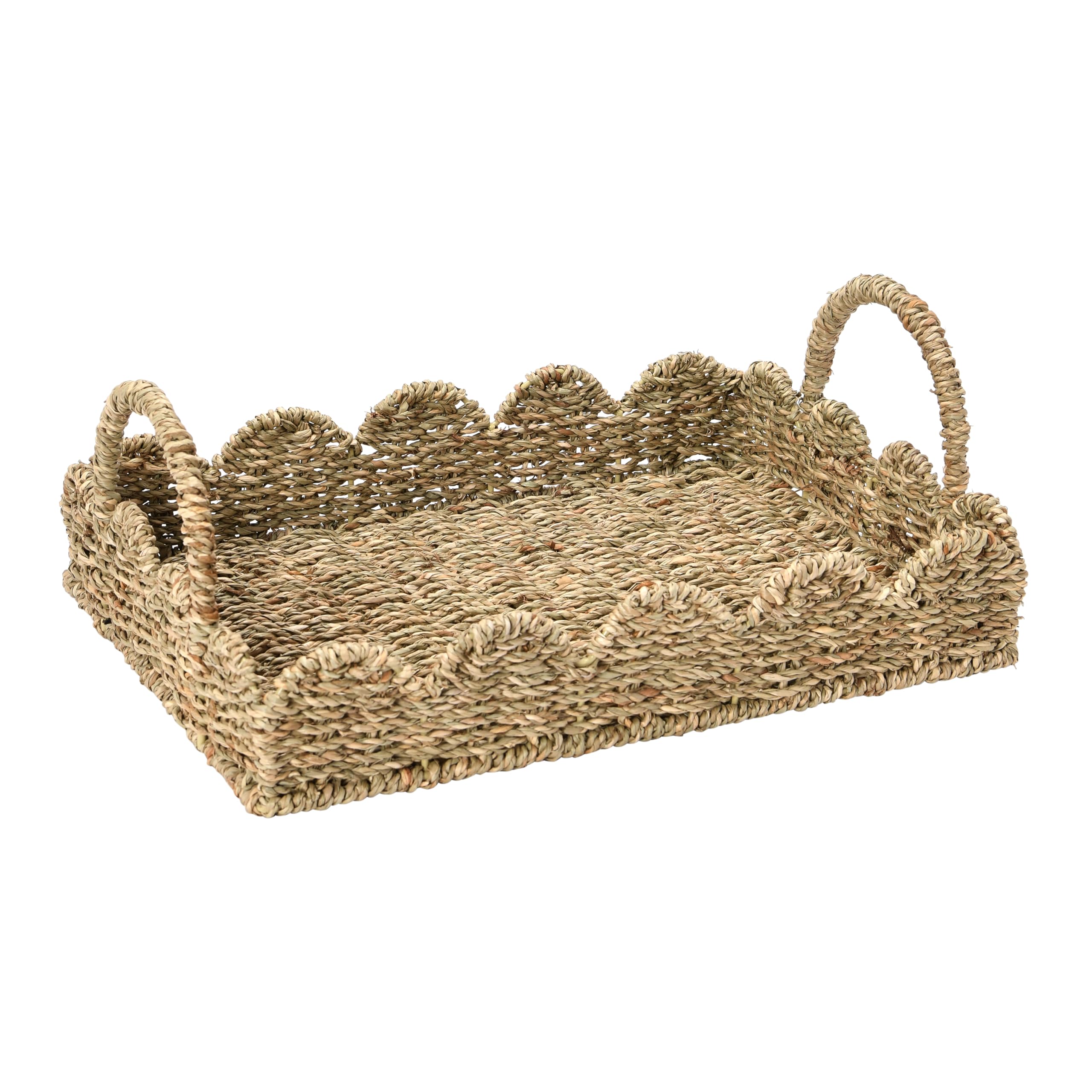 Household Essentials seagrass tray front view shows woven texture and scalloped rim, enhancing tabletop styling