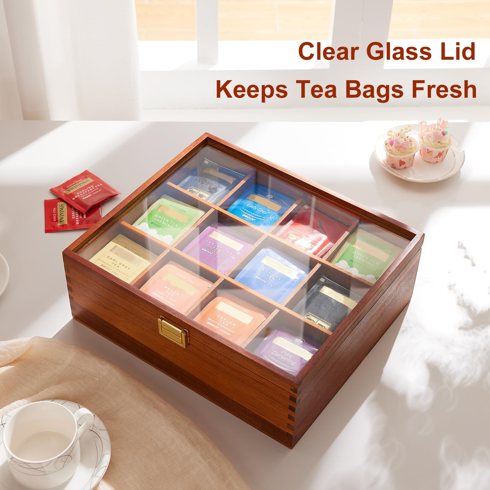 HouseJoy filled compartments with assorted tea bags, highlighting capacity and easy access benefit