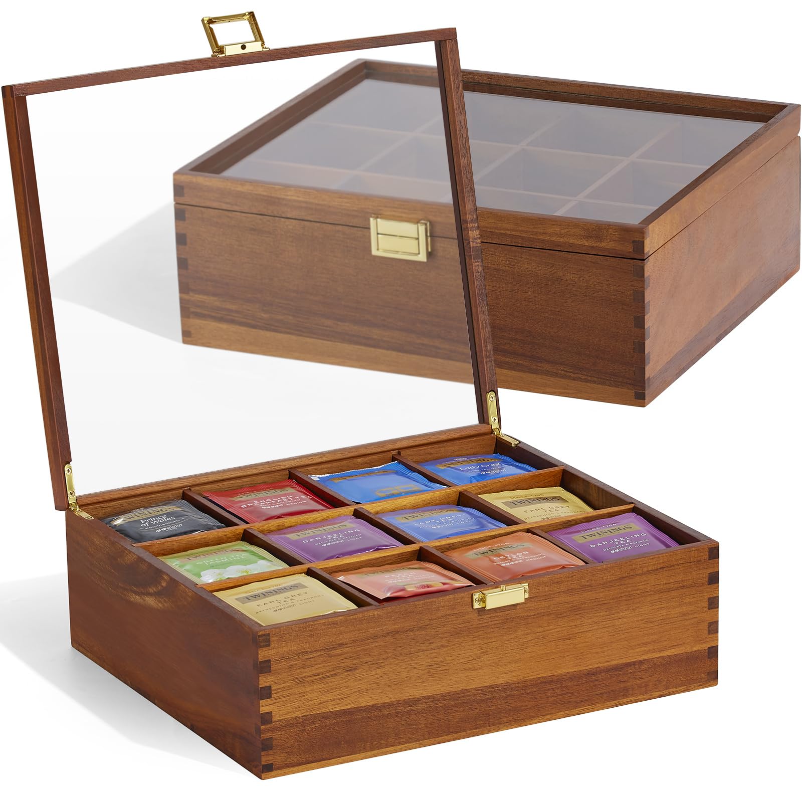 HouseJoy front view showing 12-compartment organizer and natural acacia wood finish, organized display benefit
