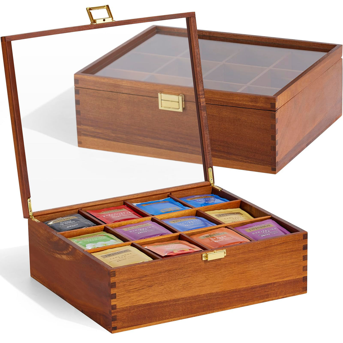 HouseJoy front view showing 12-compartment organizer and natural acacia wood finish, organized display benefit
