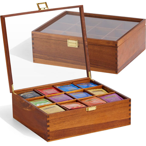 HouseJoy front view showing 12-compartment organizer and natural acacia wood finish, organized display benefit