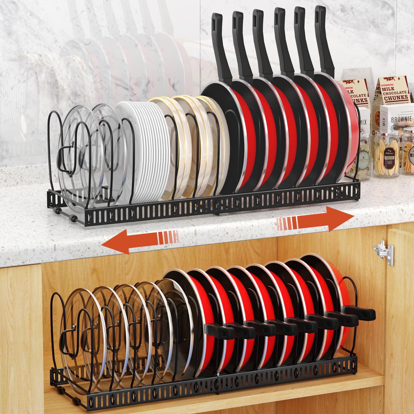Housolution front view of black rack showing compact storage benefit