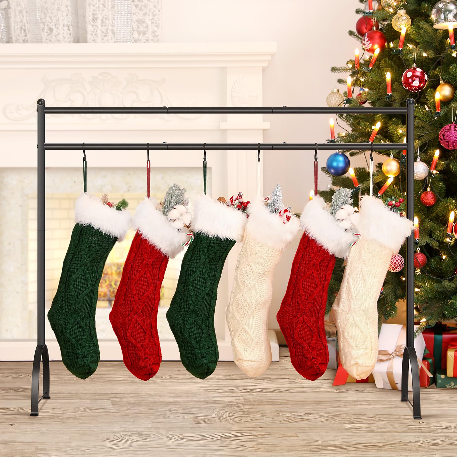 Housolution front view of full 12-hook stocking stand showing organization benefit