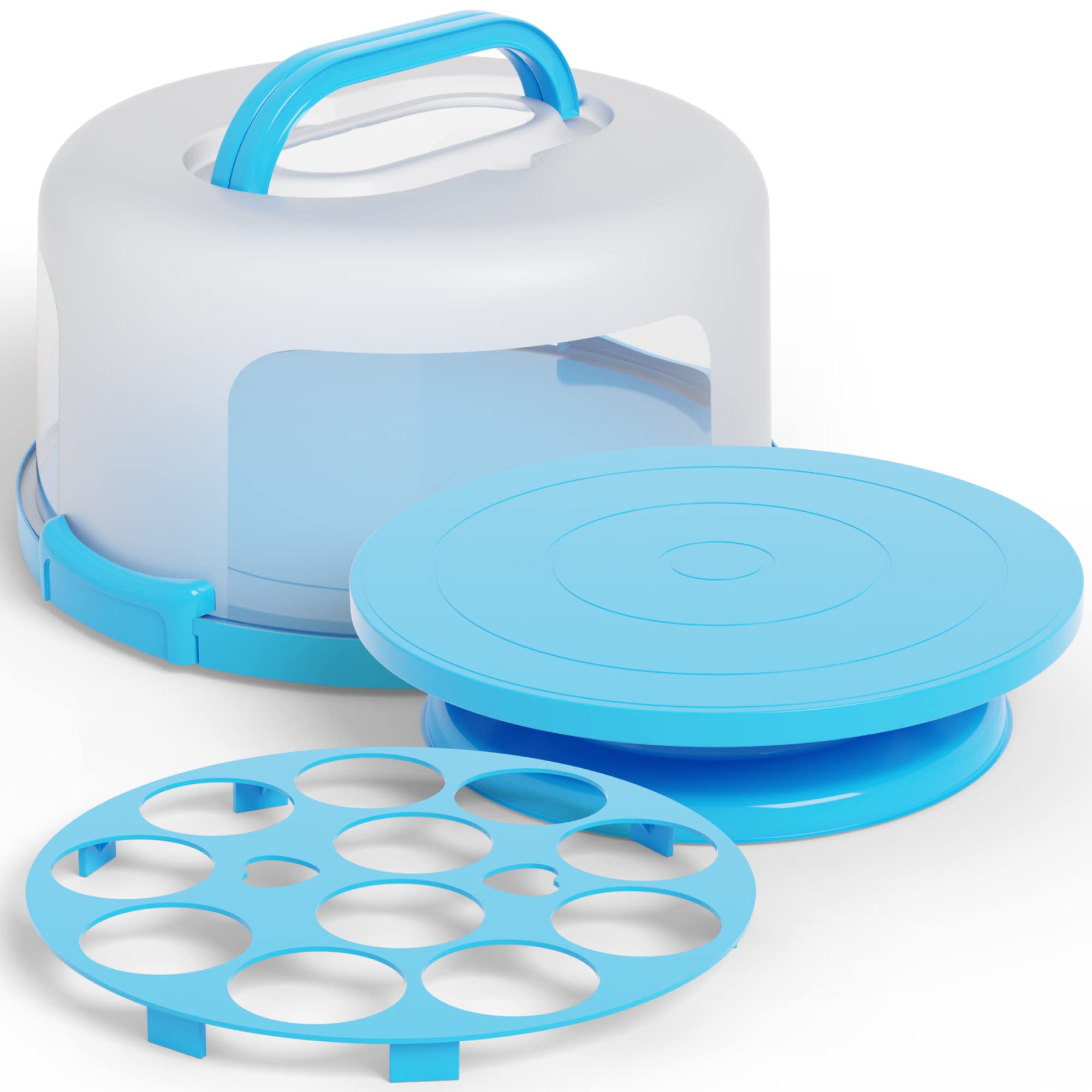 HOUZZKINGZ USA front view of cake carrier showing packed stability and display benefit