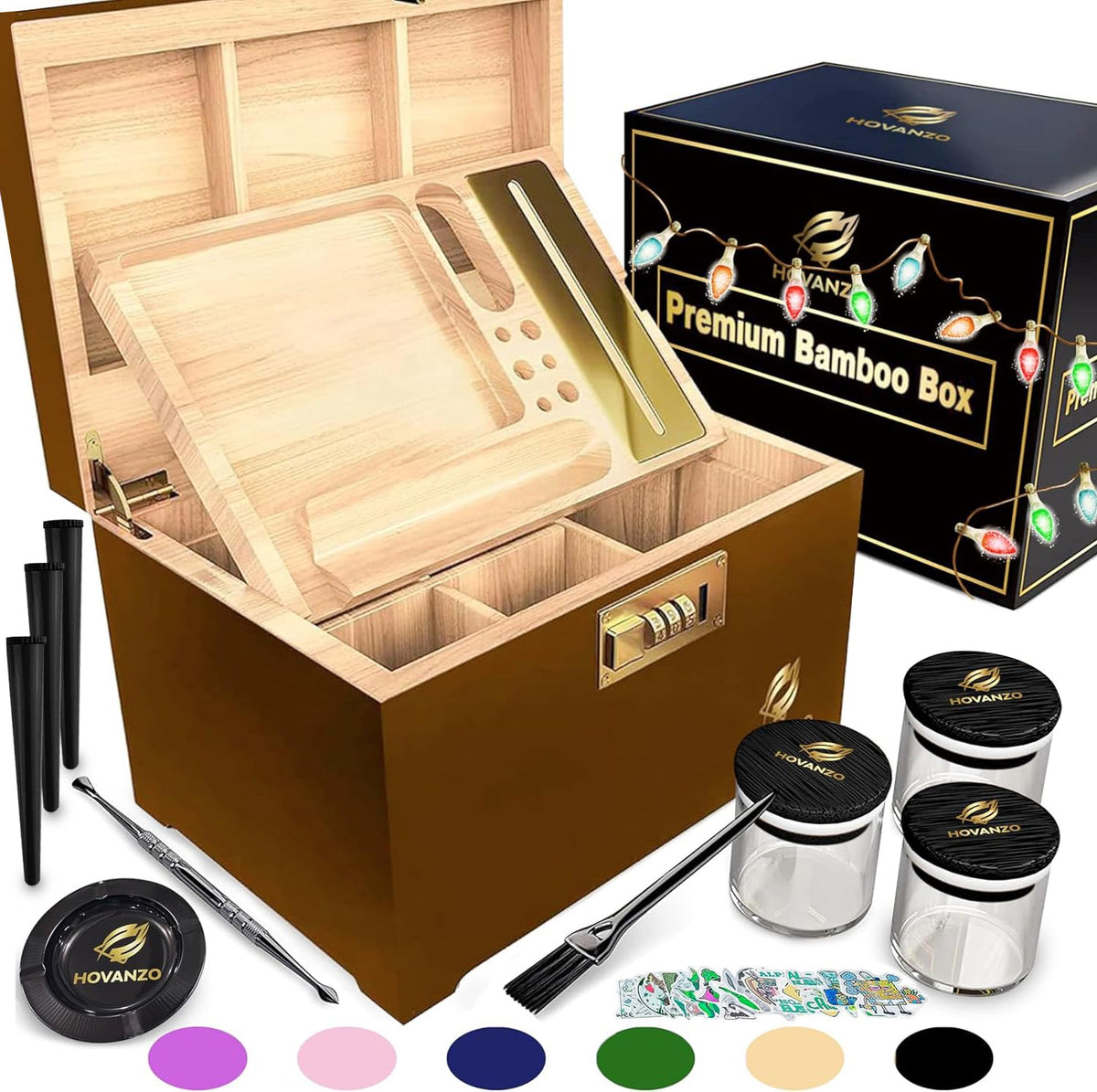 HOVANZO bamboo storage box front view showing neat finish and lock benefit secure organization