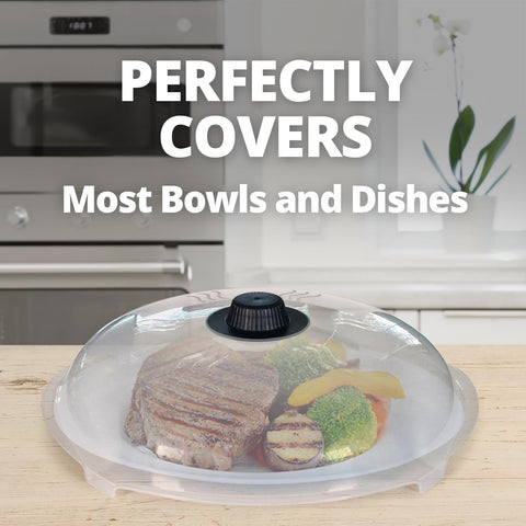 HOVER COVER attached in microwave keeping lid within reach and preventing splatters during reheating