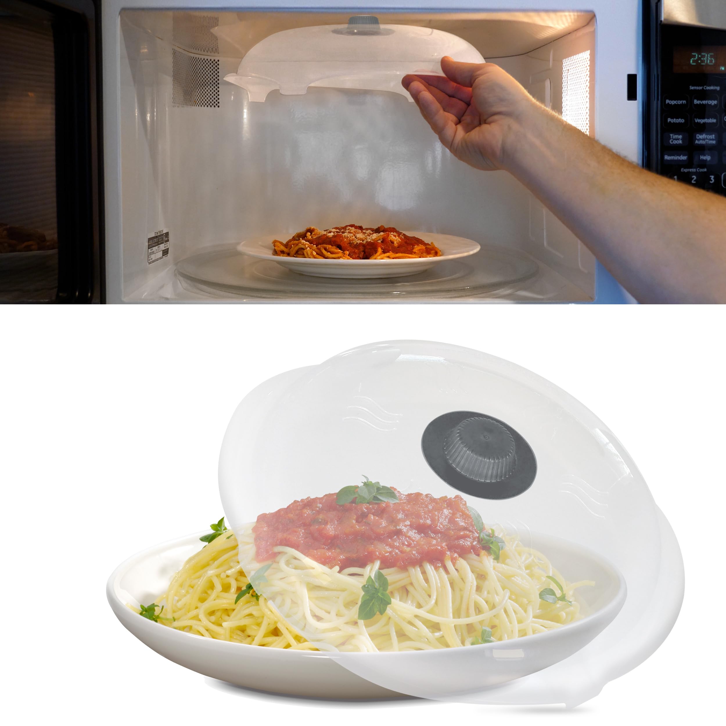 HOVER COVER front view showing gray cover and compact footprint, keeps microwave clean