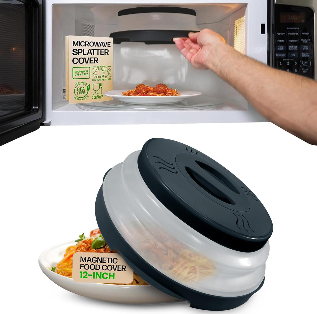 HOVER COVER front view showing full black lid for easy microwave protection