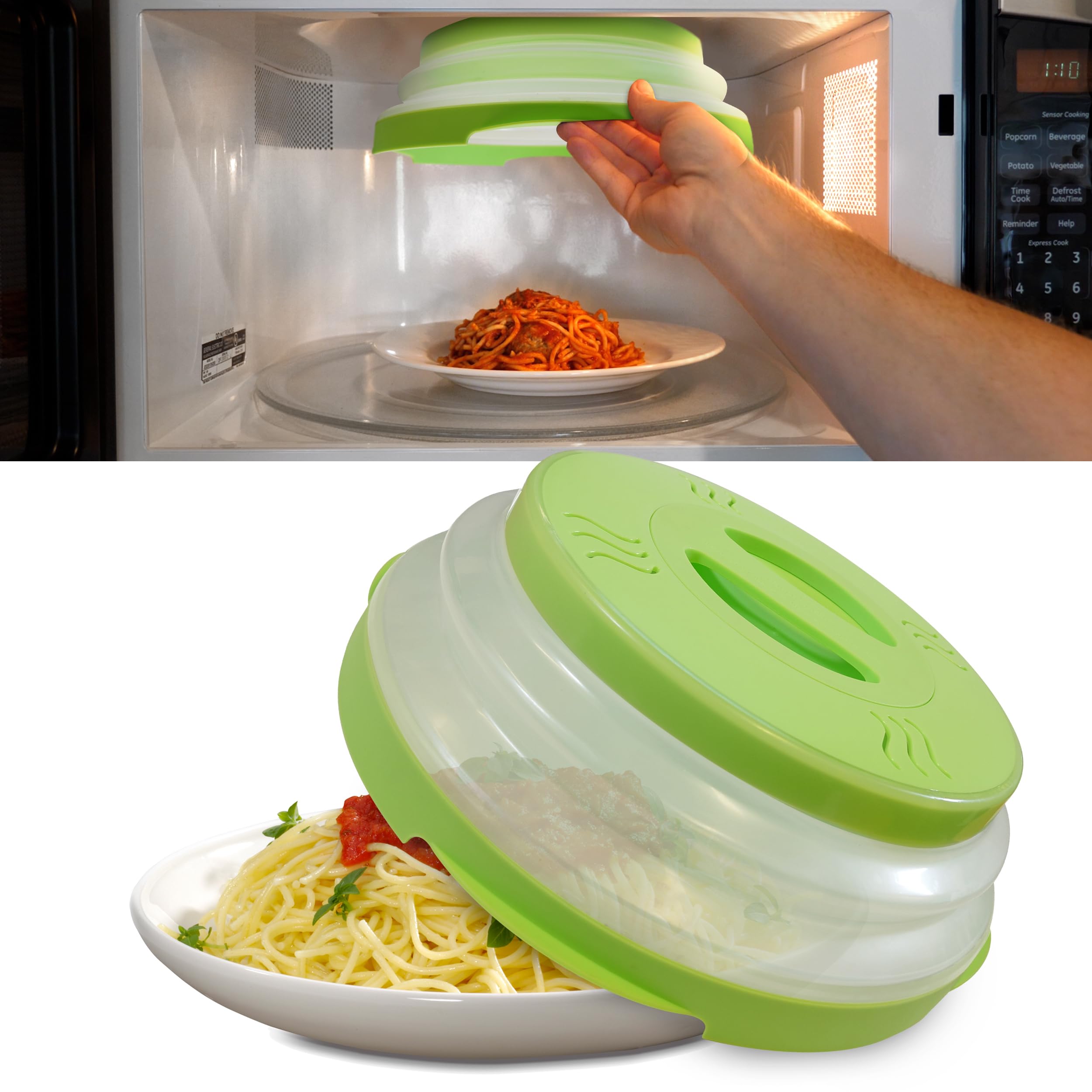 HOVER COVER front view showing green lid and magnetic ceiling mount benefit