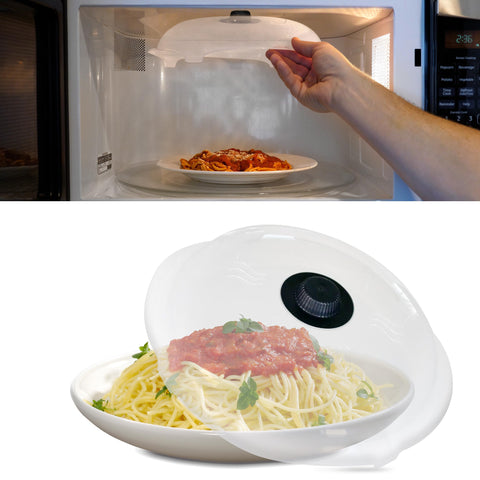 HOVER COVER front view showing full lid and sleek black finish protecting microwave and reducing mess