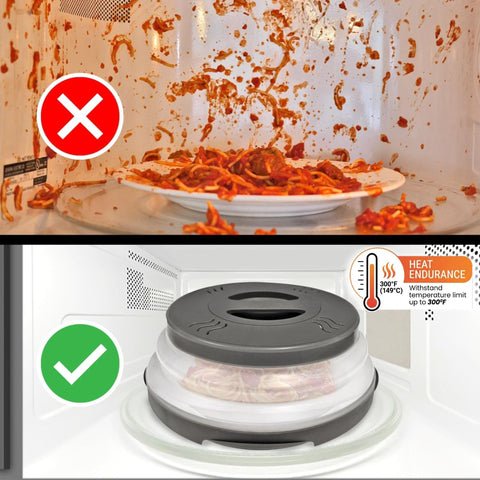 HOVER COVER in use over plate preventing splatters and simplifying reheating benefit