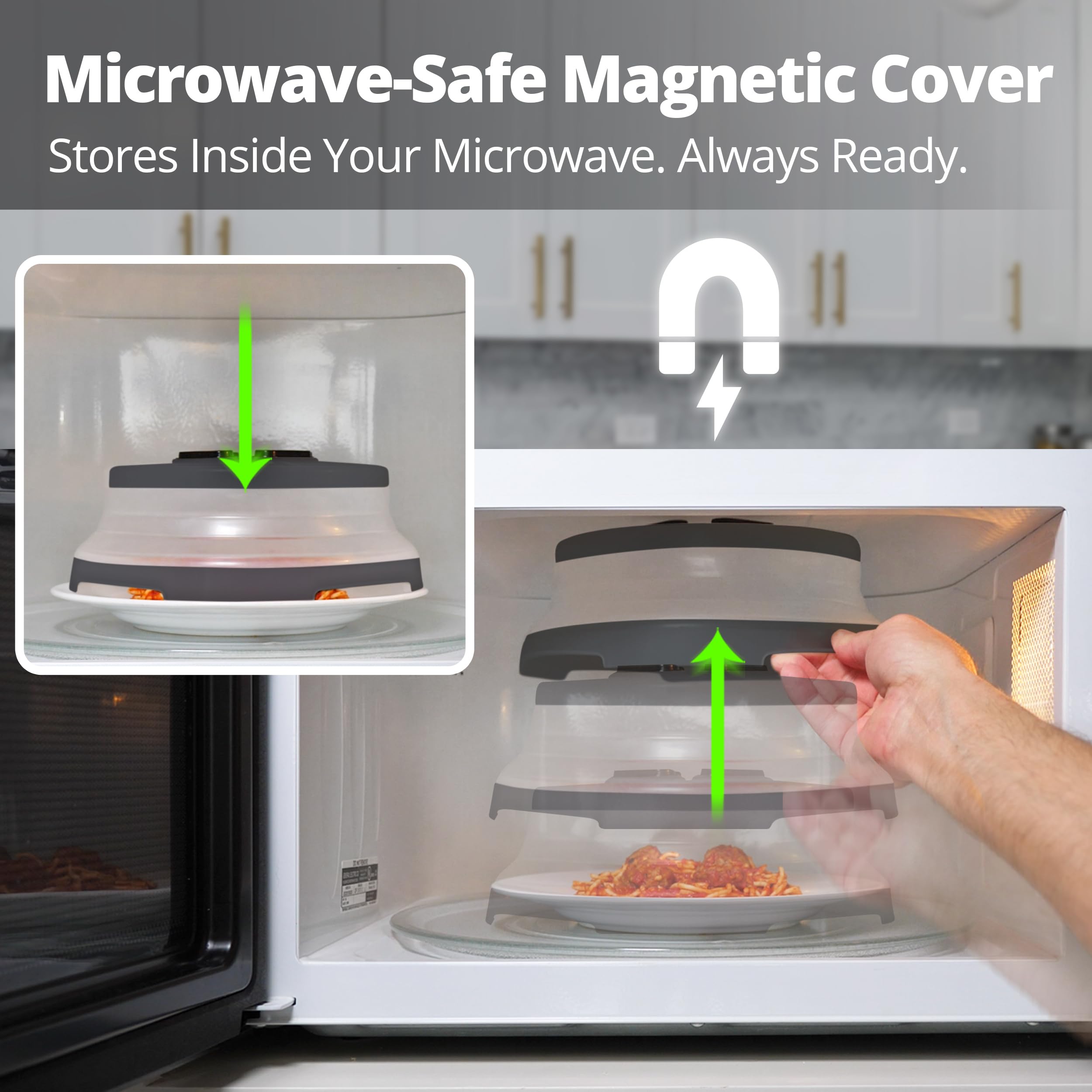 HOVER COVER magnetically attached to microwave ceiling keeps lid within reach