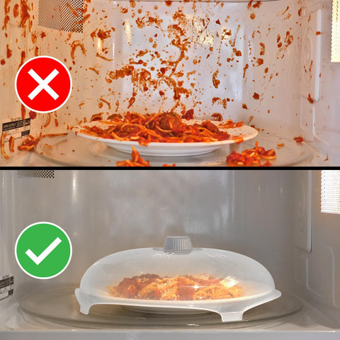 HOVER COVER next to a dinner plate showing 12 x 11.25 x 3.5 inch fit for common dishes