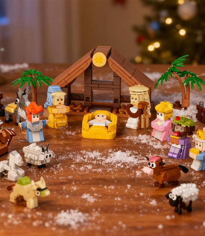 HoverBots assembled nativity scene illustrating progressive reveal and family-display potential