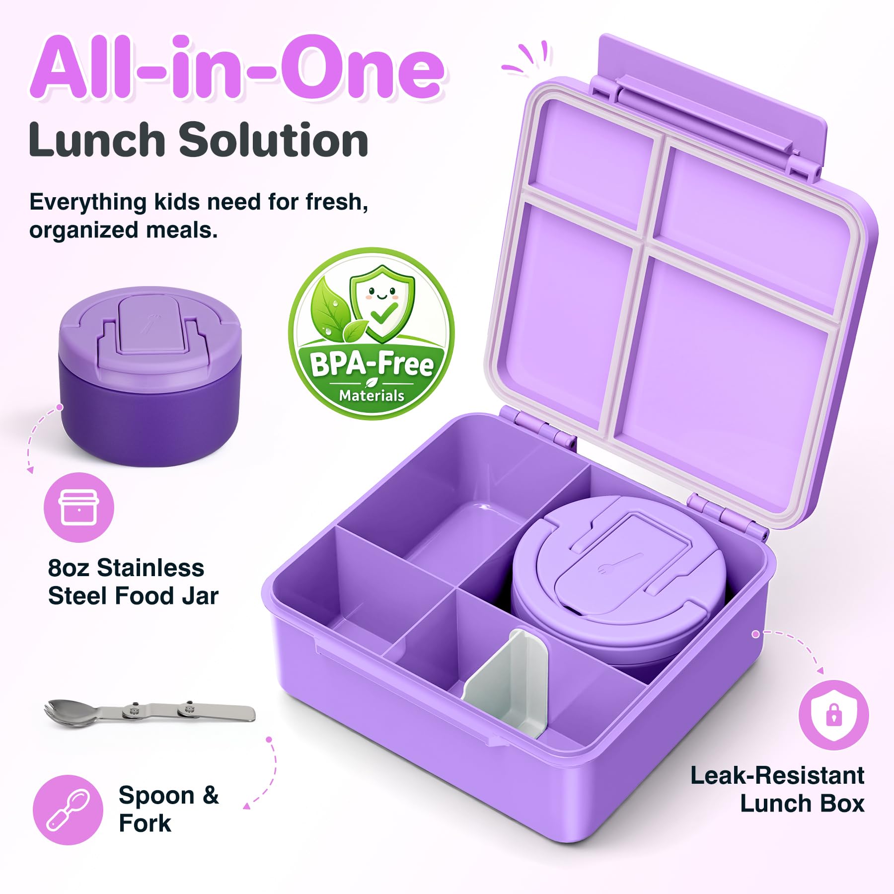 Howeemo four compartment bento open top view keeps foods separate and organized