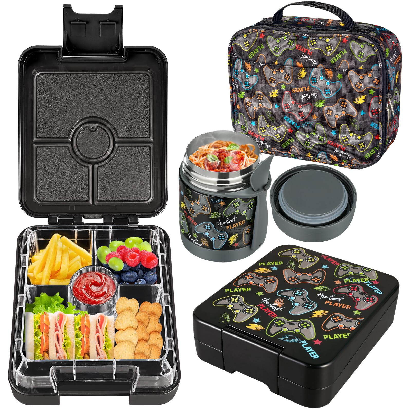 Howeemo bento front view showing four compartments and secure latch for easy use