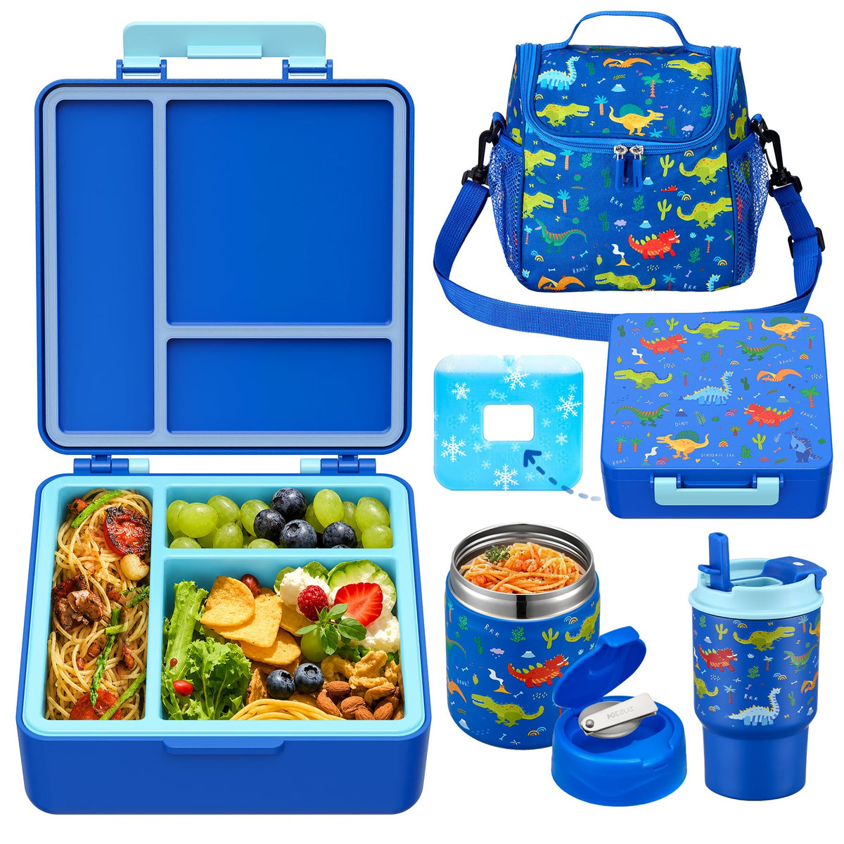 Howeemo dinosaur front packed lunch box showing compartments and leak resistance