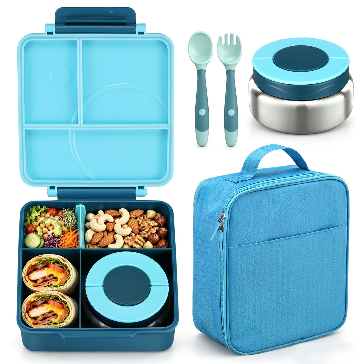 Howeemo front-view lunchbox showing secure latch and neat packing benefits