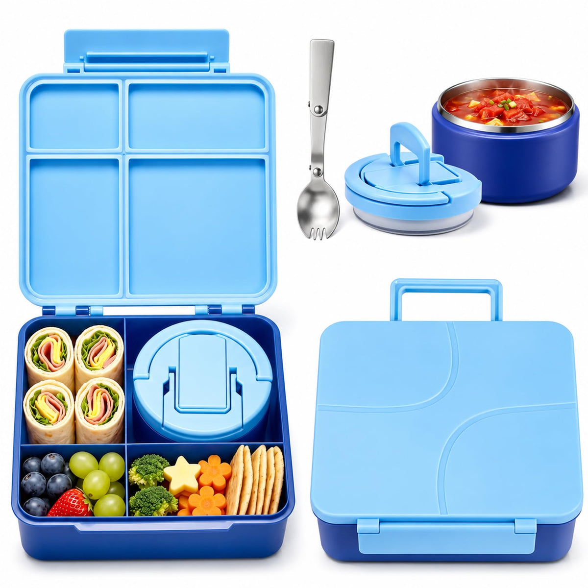 Howeemo front packaging showing blue bento set and benefits of leakproof design