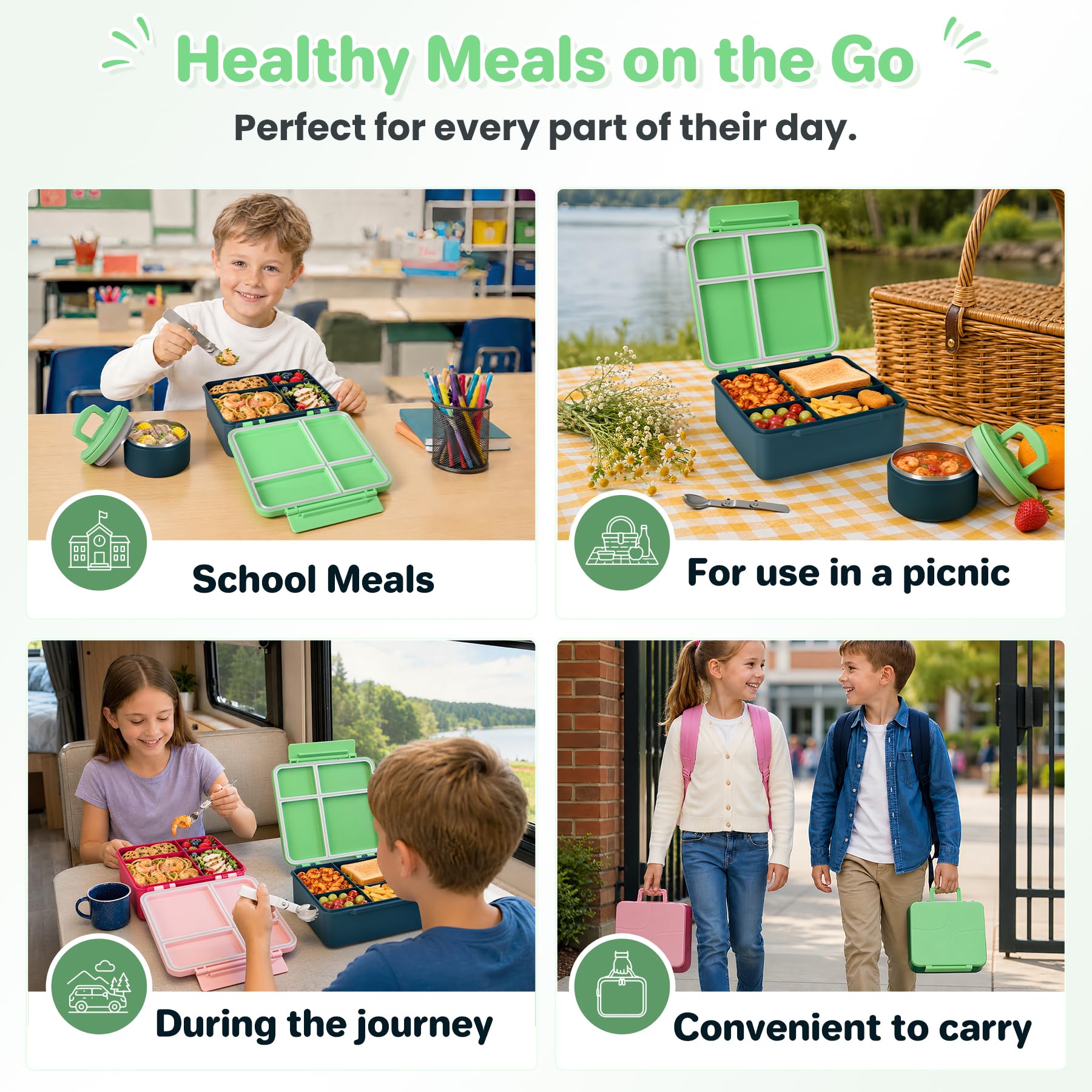 Howeemo lifestyle school lunch setting portrays kid-friendly mealtime ease
