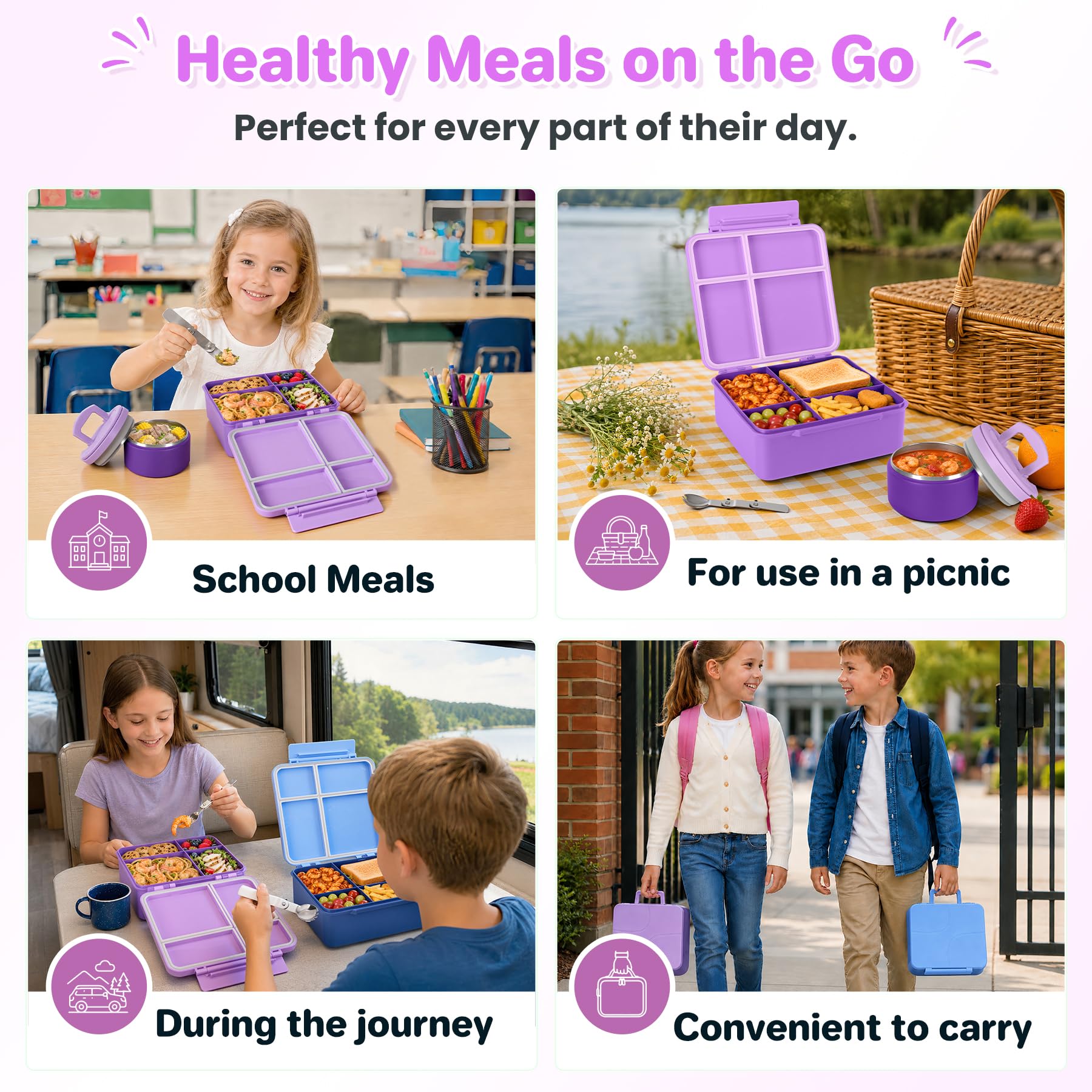 Howeemo bento and thermo on a school table promoting balanced kid meals