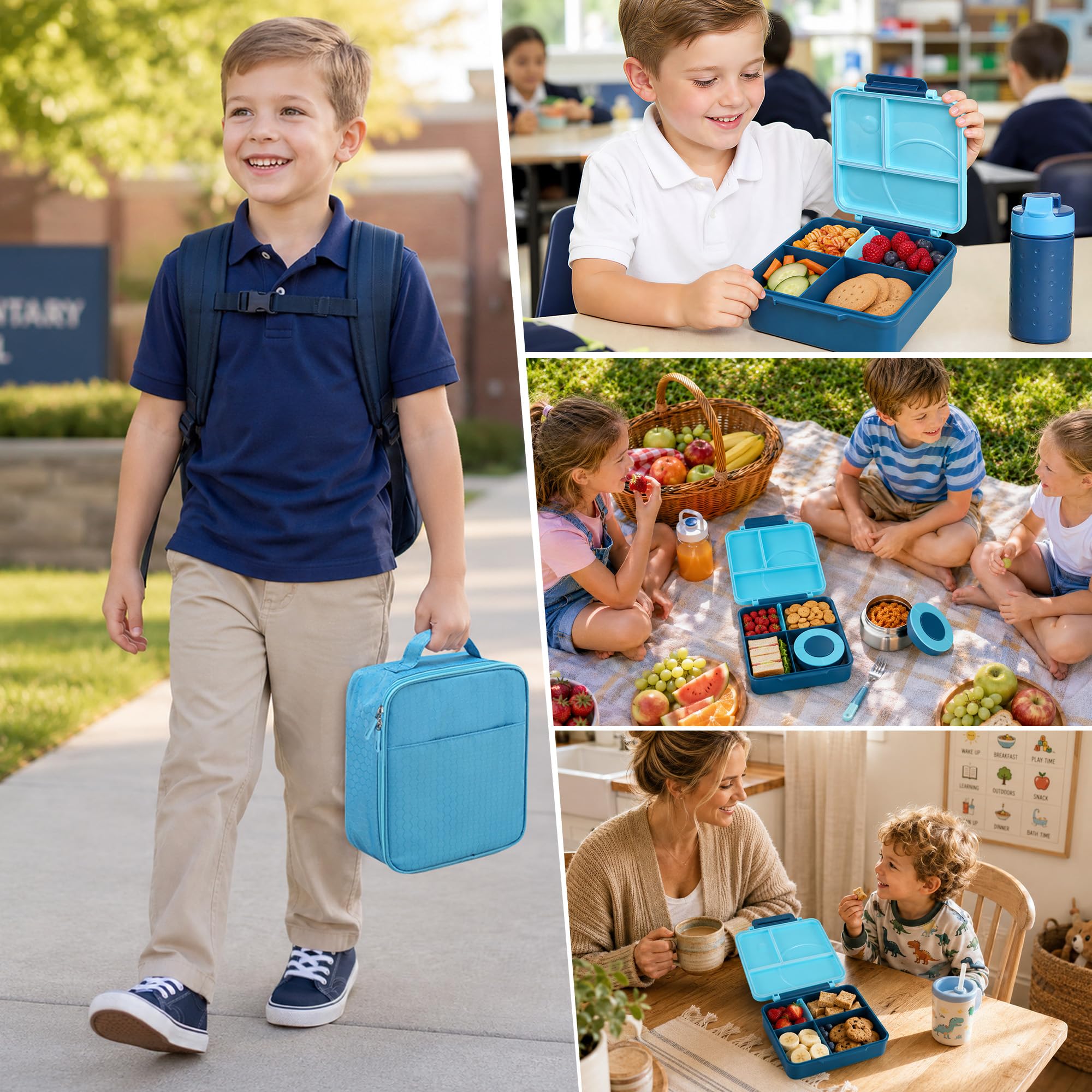 Howeemo lunchbox inside a school backpack showing fit and travel convenience