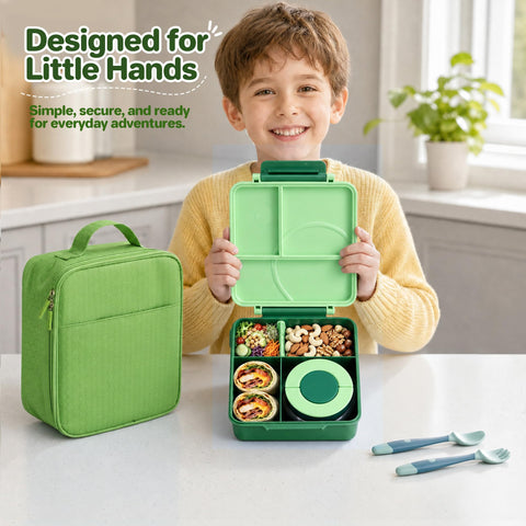 Howeemo lunch set inside a child backpack to show compact scale