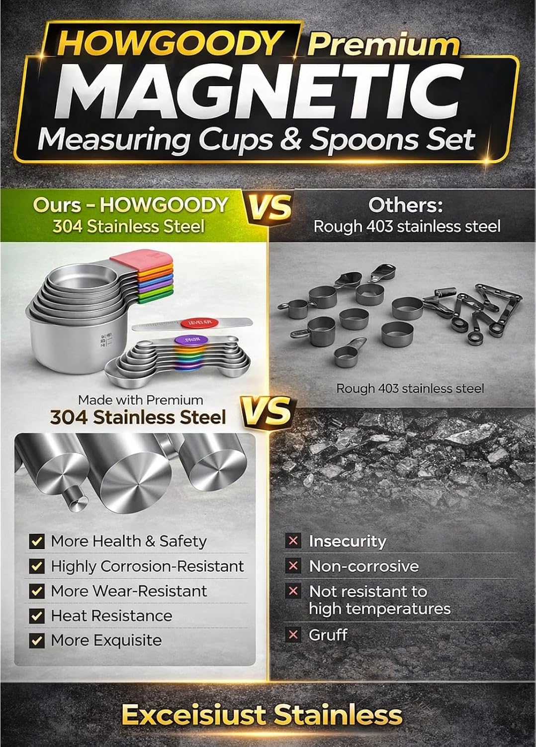 HOWGOODY cups in use measuring flour with stable, non-warping stainless steel benefit