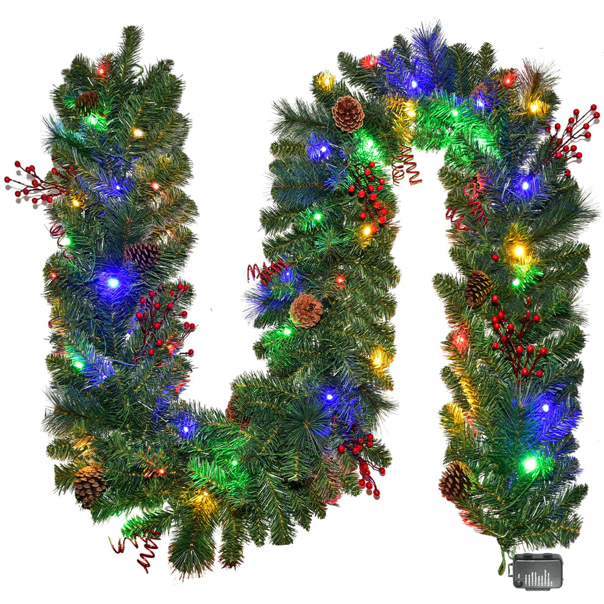 HOYECHI front view of 9ft garland showing full length and decorations for instant curb appeal