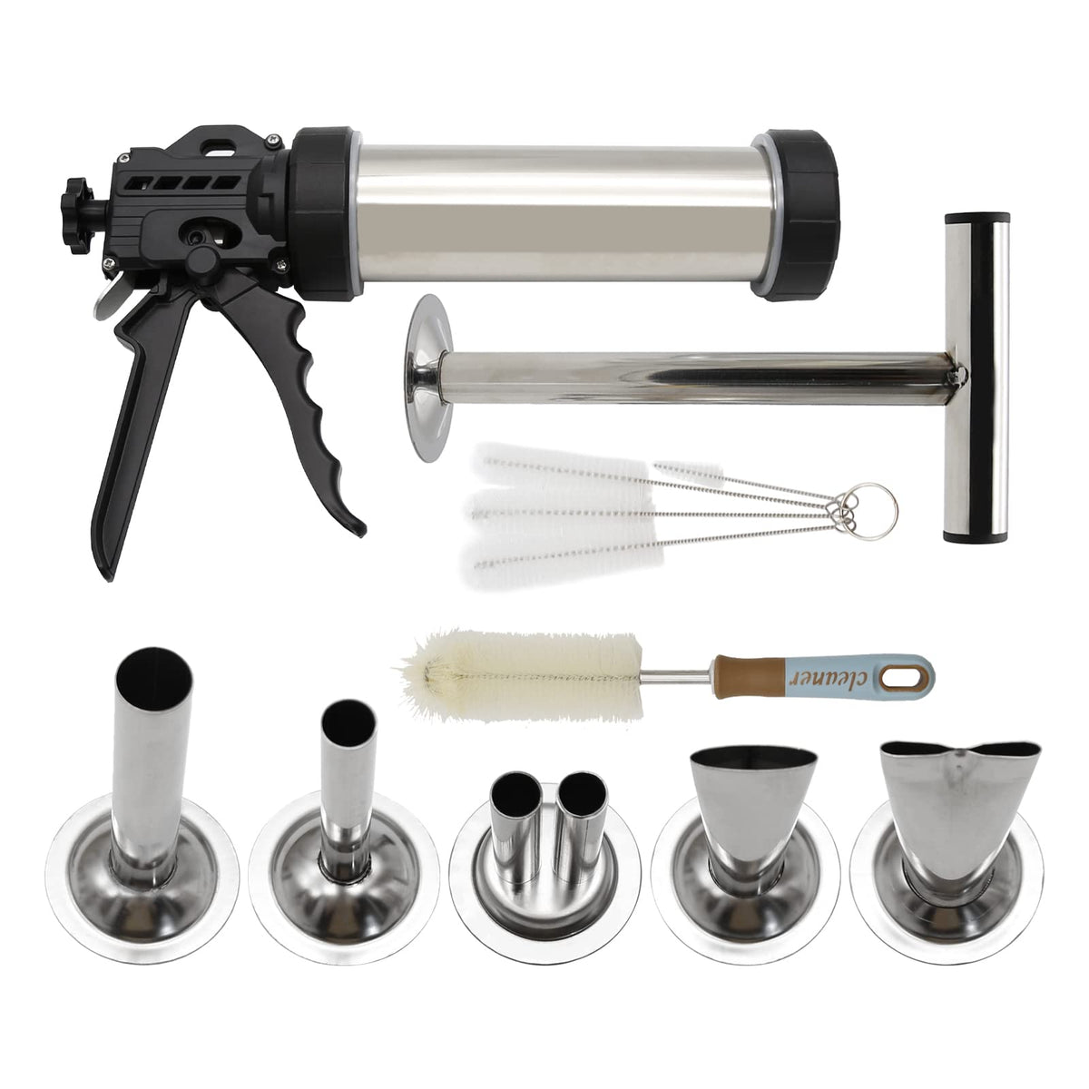 Hoypeyfiy jerky gun front view showing stainless steel finish and durable handle benefit