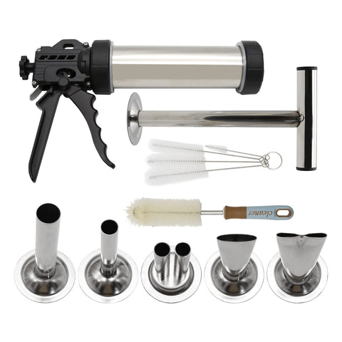 Hoypeyfiy jerky gun front view showing stainless steel finish and durable handle benefit