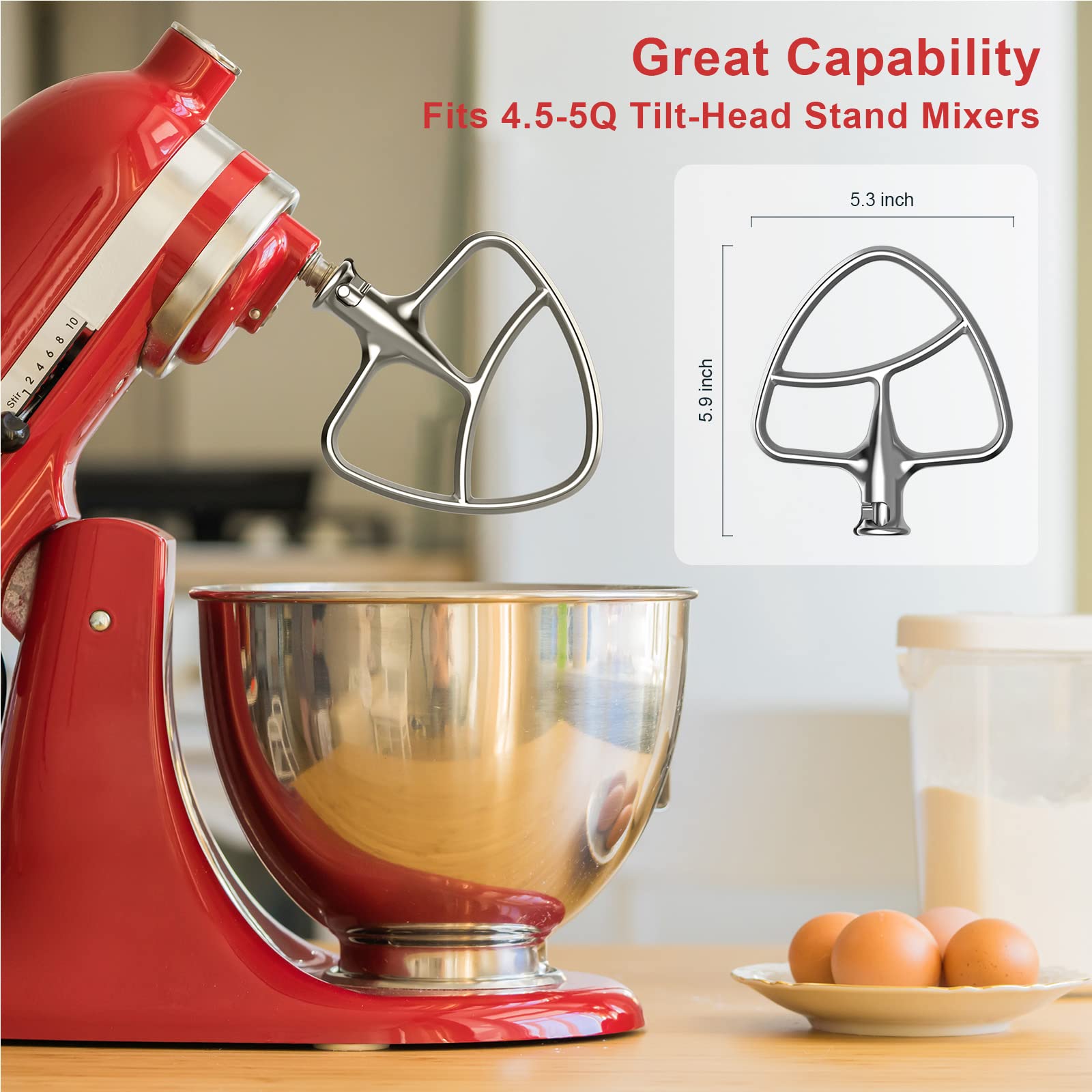 HOZODO beaters mounted in a tilt-head mixer illustrating stable operation while whisking batter