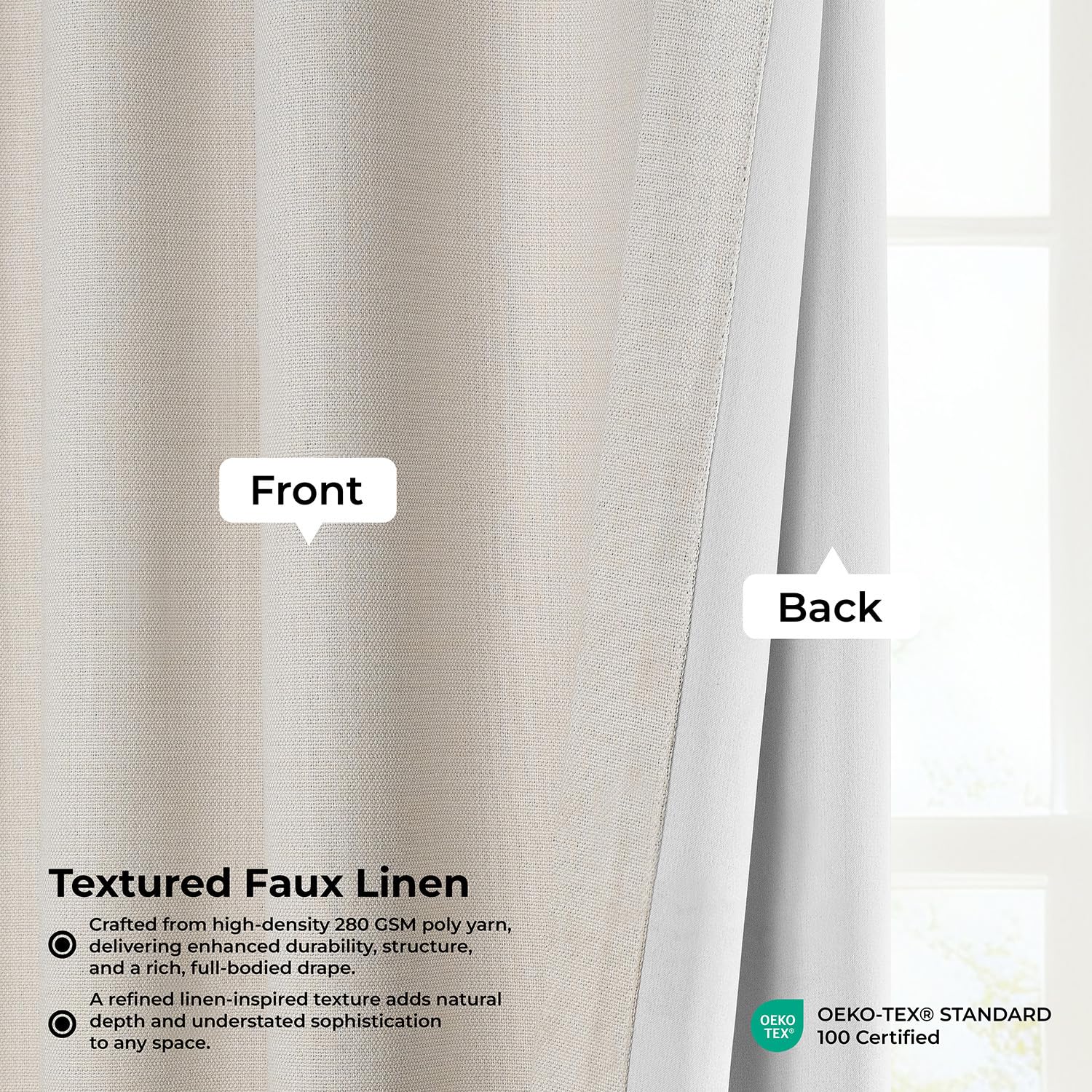 HPD Half Price Drapes panel next to sofa showing full 120 inch length benefit
