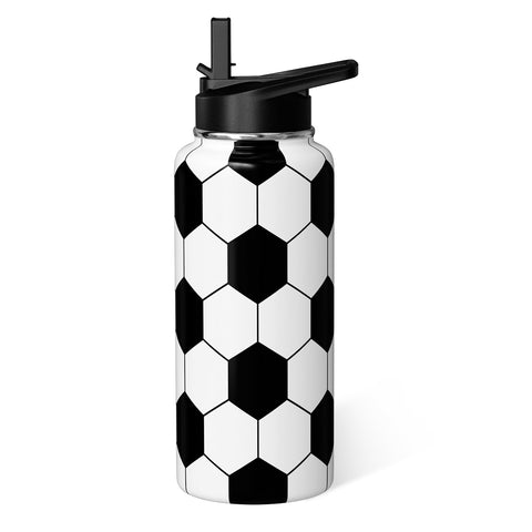 Hqhzaha soccer water bottle front view showing soccer design and capacity benefit