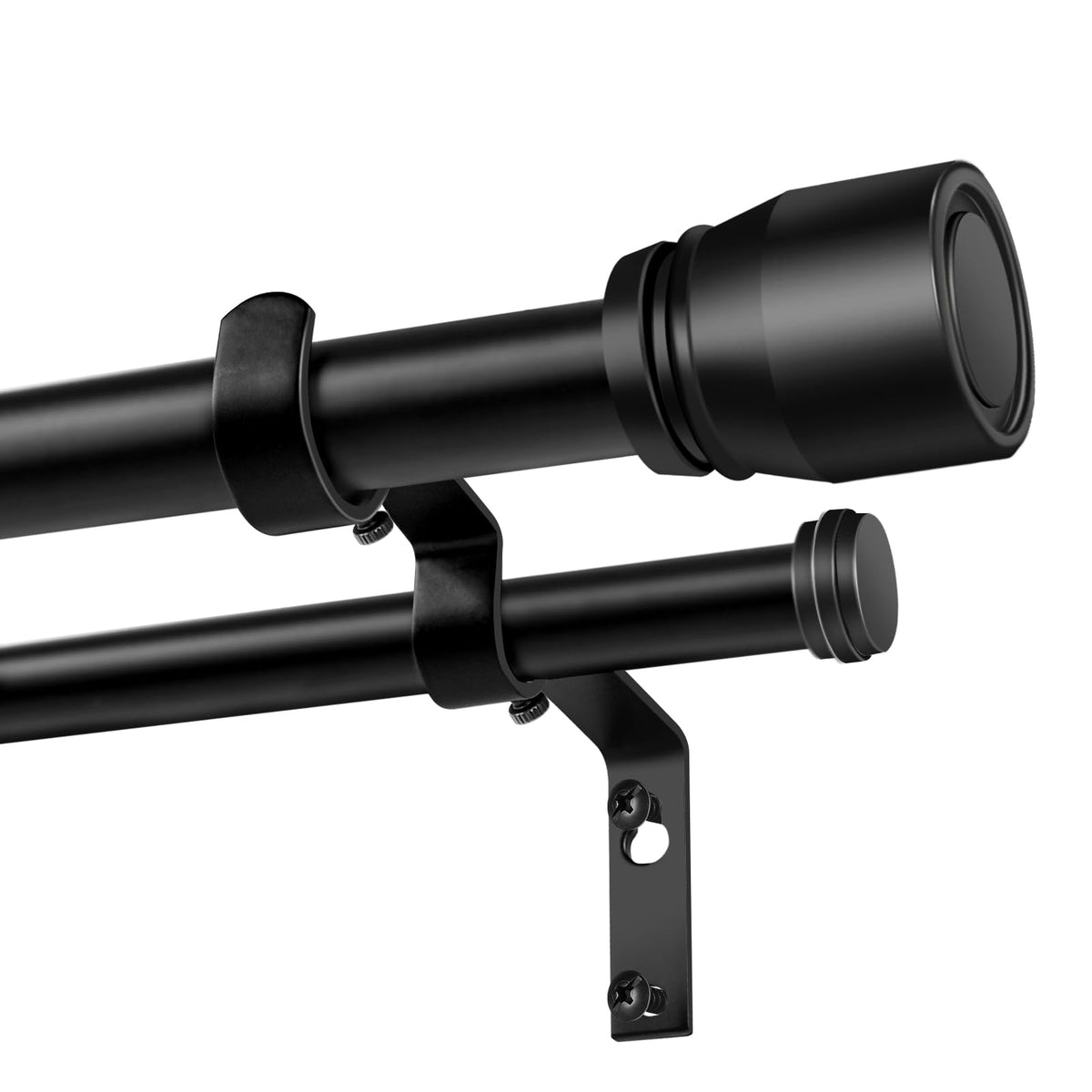 Hradecti front packaging showing matte black dual curtain rod and included brackets, durable finish benefit
