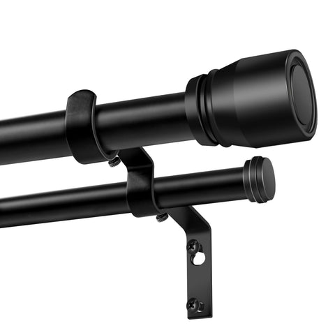 Hradecti front packaging showing matte black dual curtain rod and included brackets, durable finish benefit