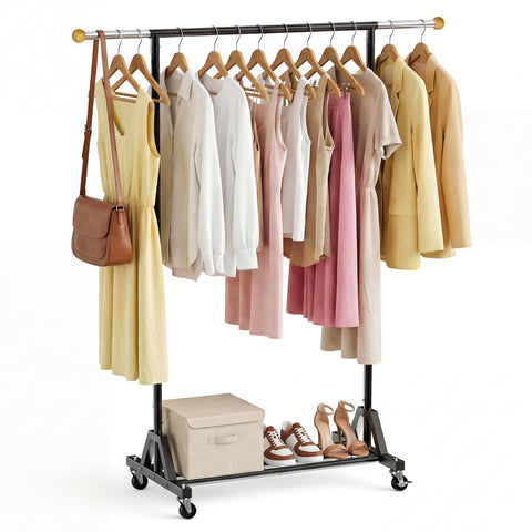 HRUSGO front view of rack showing hanging rods and shelf for organized garments