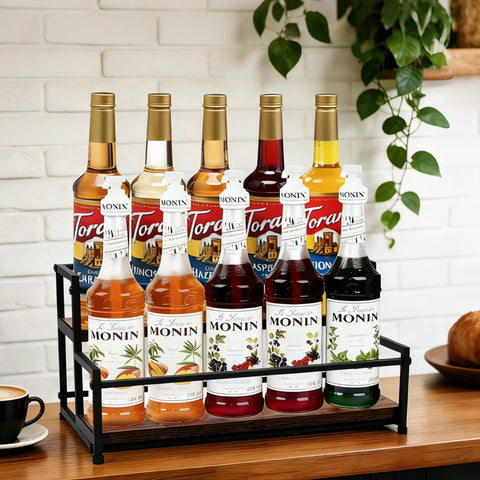 HRUSGO front view of two-tier wood rack shows organized display and easy access
