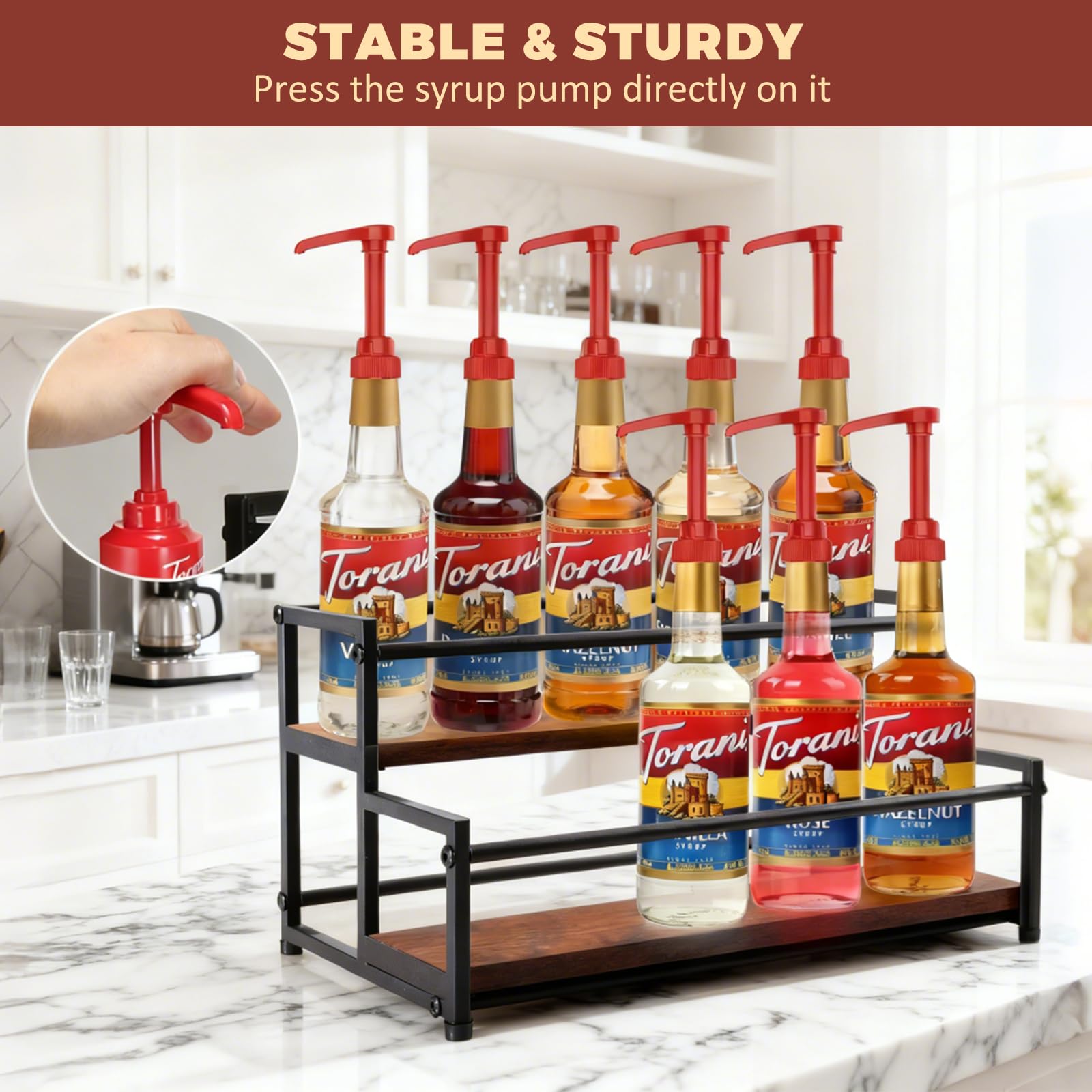 HRUSGO rack in use on countertop with syrups, enabling quick bottle selection