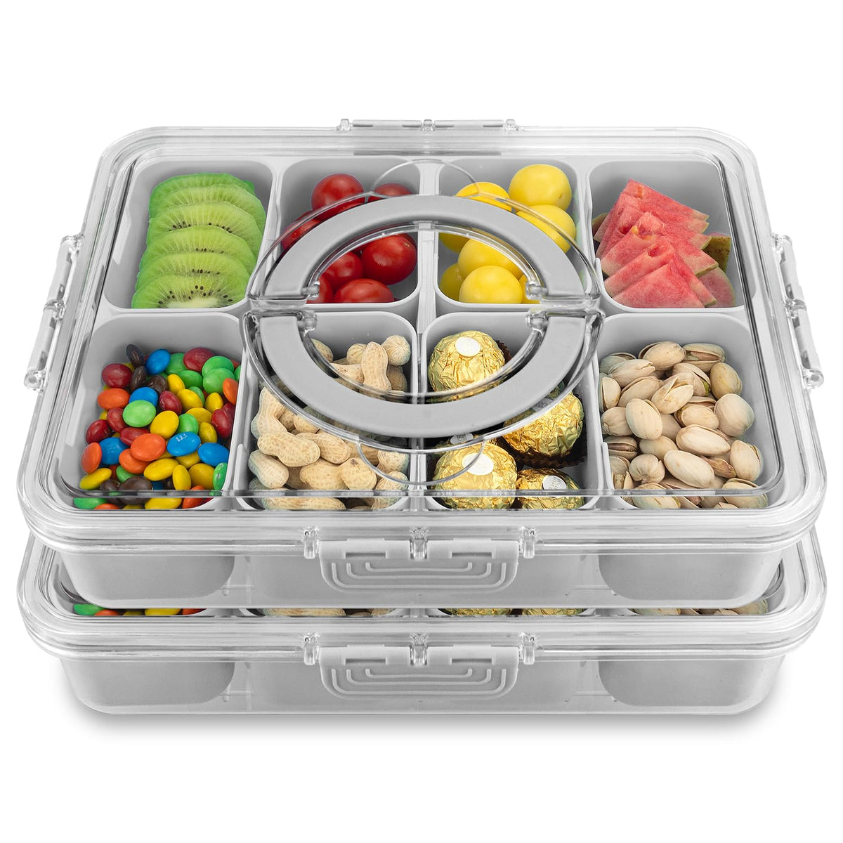 HRXFOZ front view of grey tray showing compartments and clear lid, for organized serving