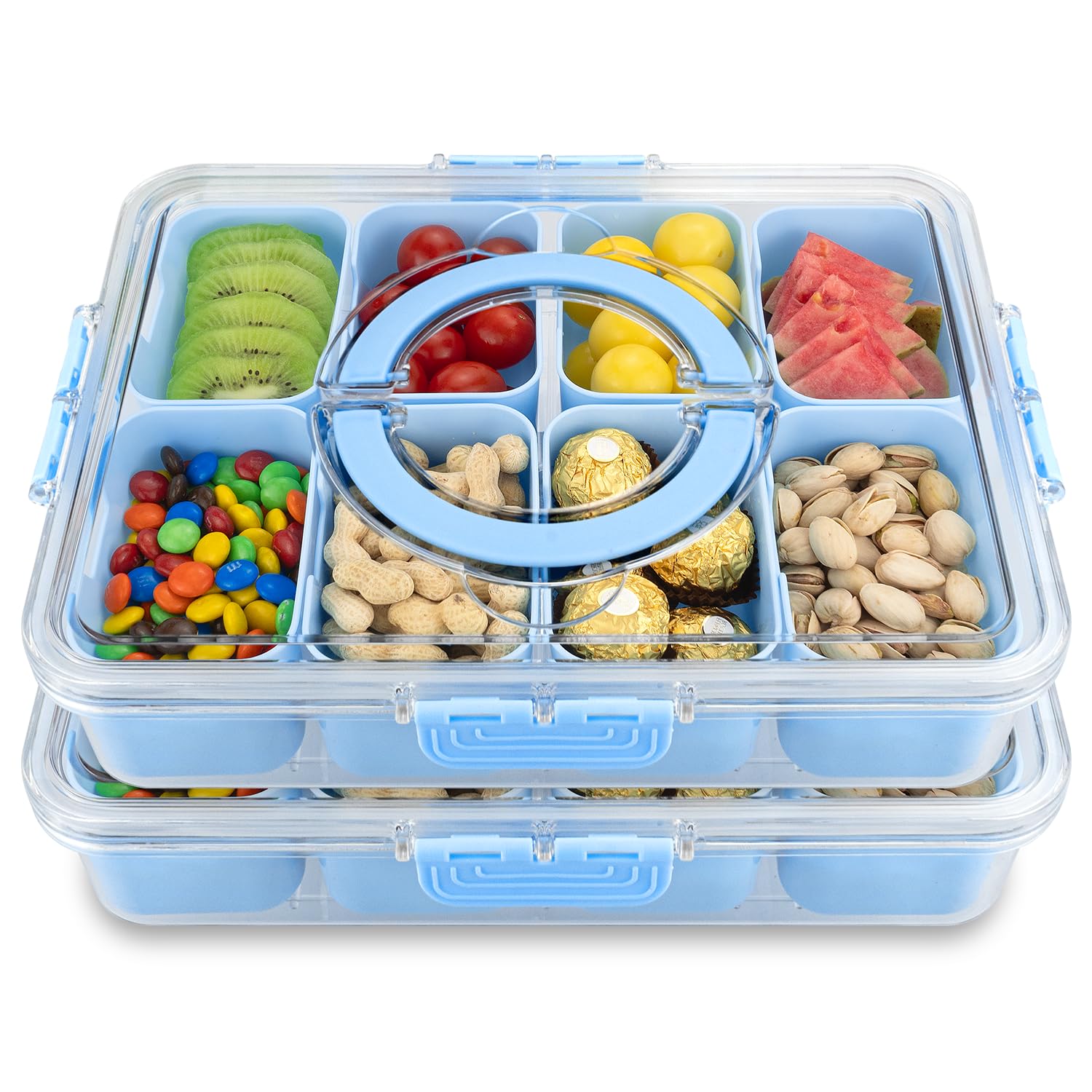 HRXFOZ front view showing blue two-piece tray and clear lid for easy serving