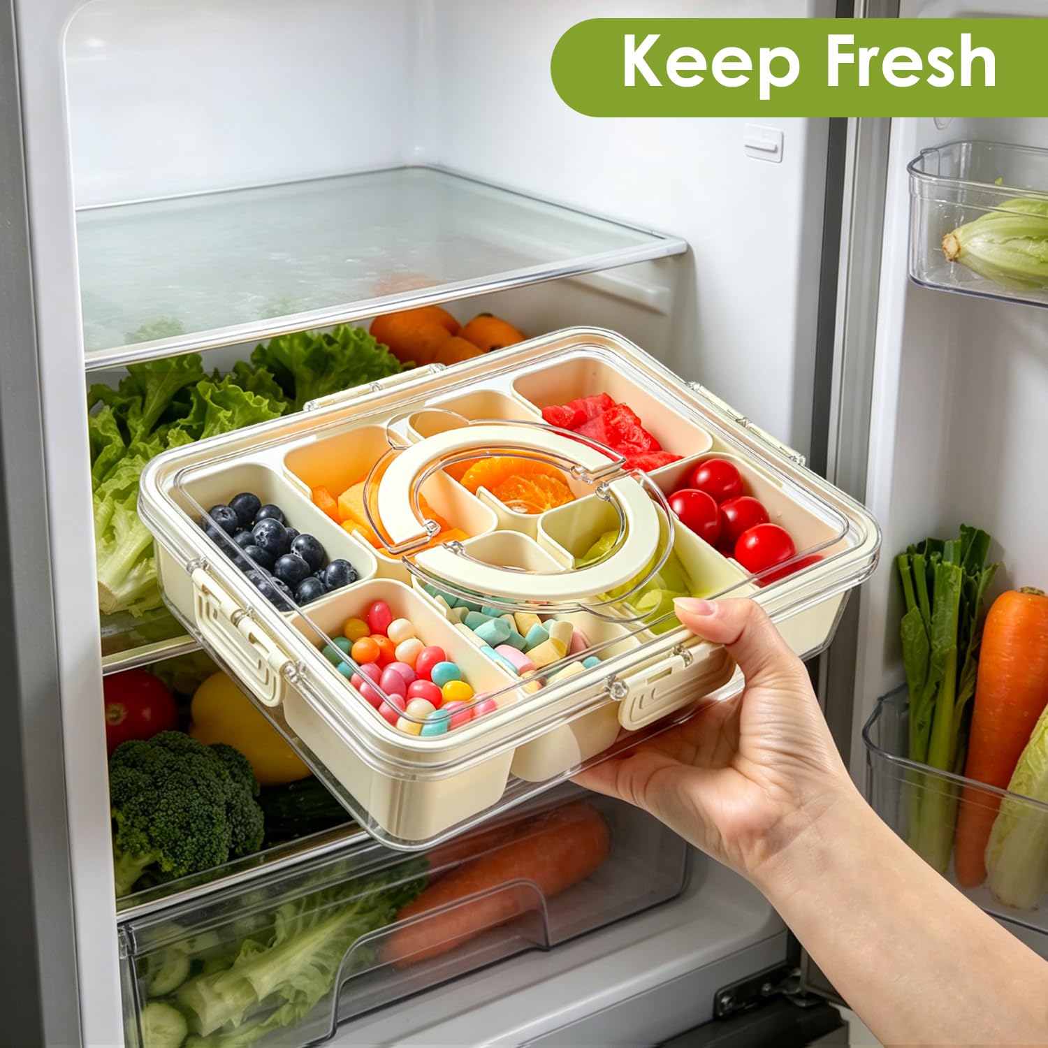 HRXFOZ tray filled with mixed snacks demonstrating separation and presentation benefit