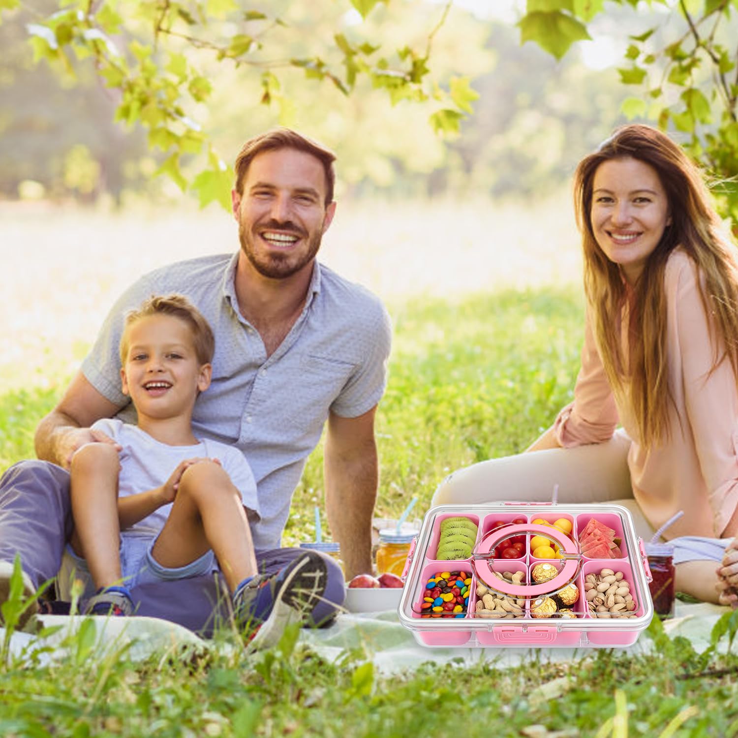HRXFOZ tray on picnic blanket with snacks illustrating portability benefit