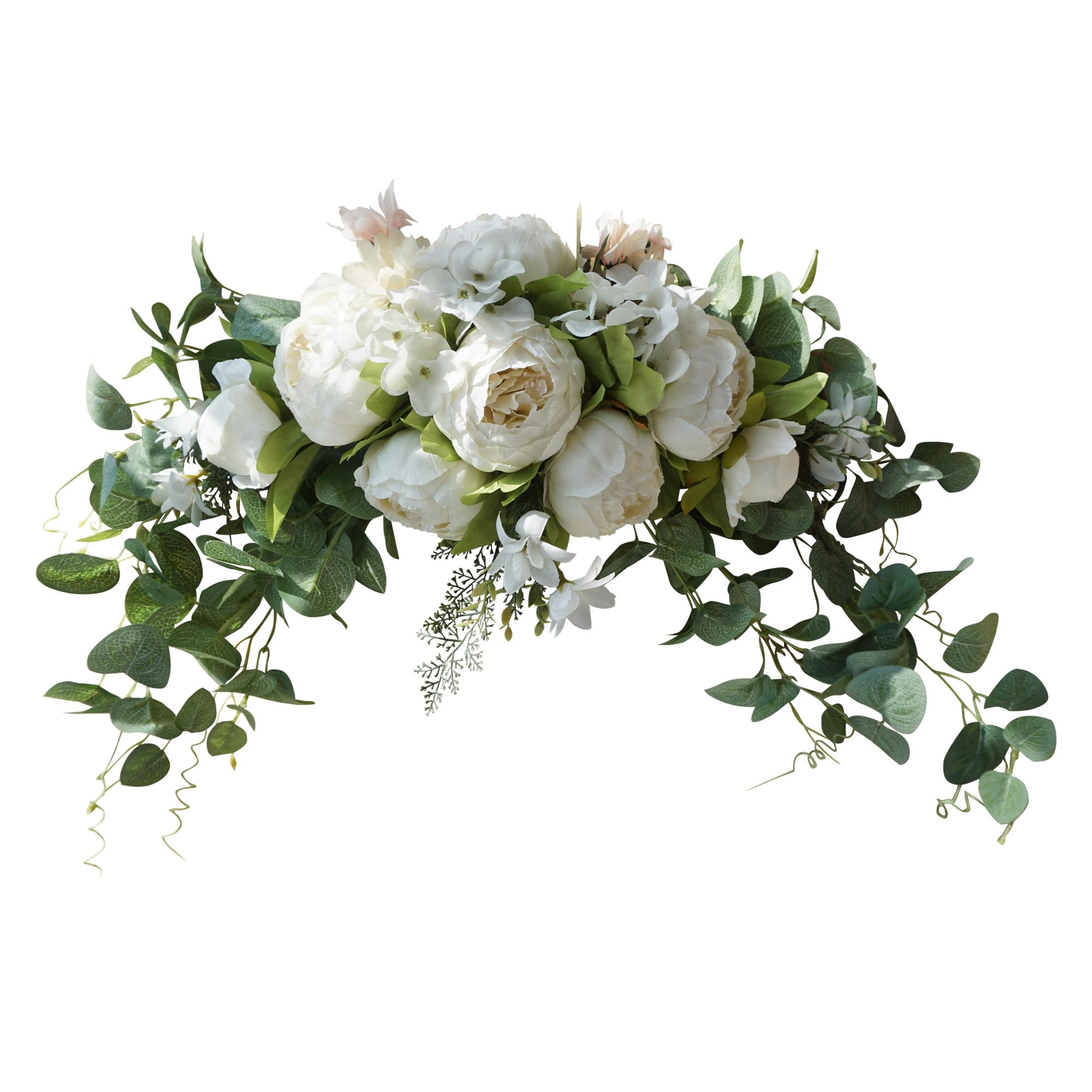 H&S BRIDAL front view of 30 inch arch swag showing full floral balance and rustic charm