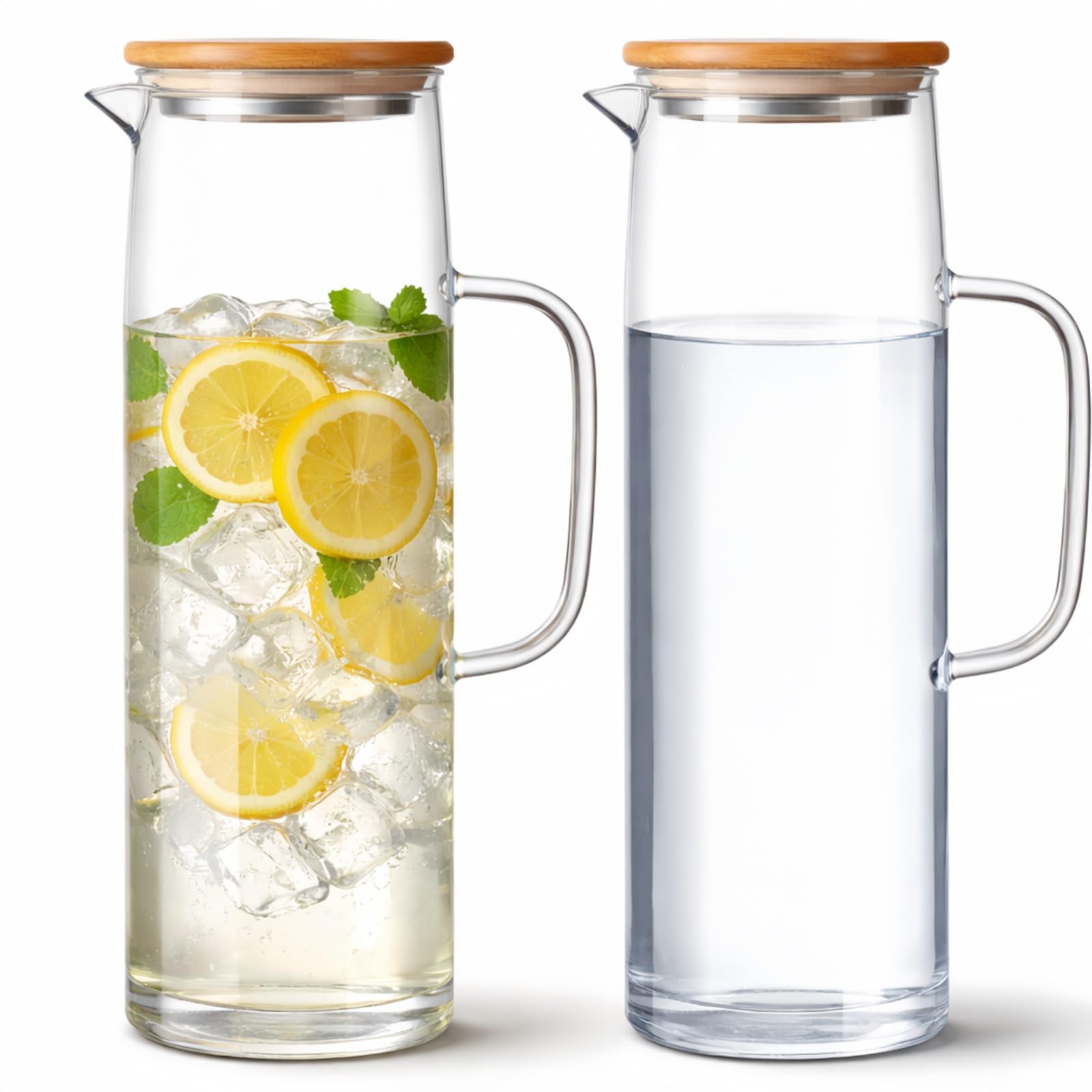 Hsei front view of glass pitcher showing full carafe and lid, attractive serving