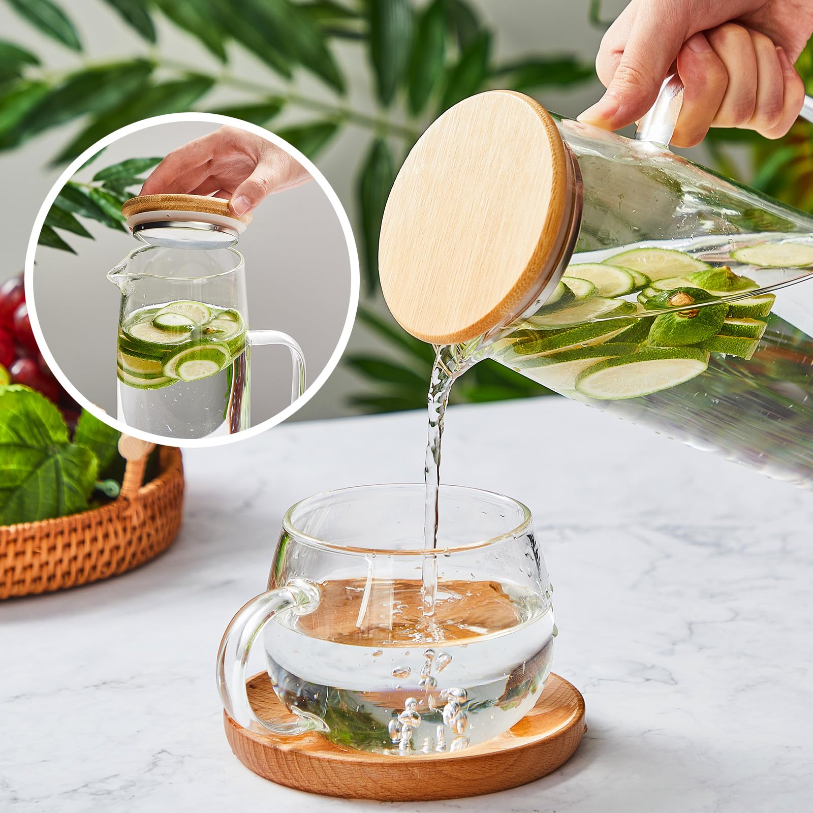 Hsei size comparison with a drinking glass to show 1.5L capacity practicality