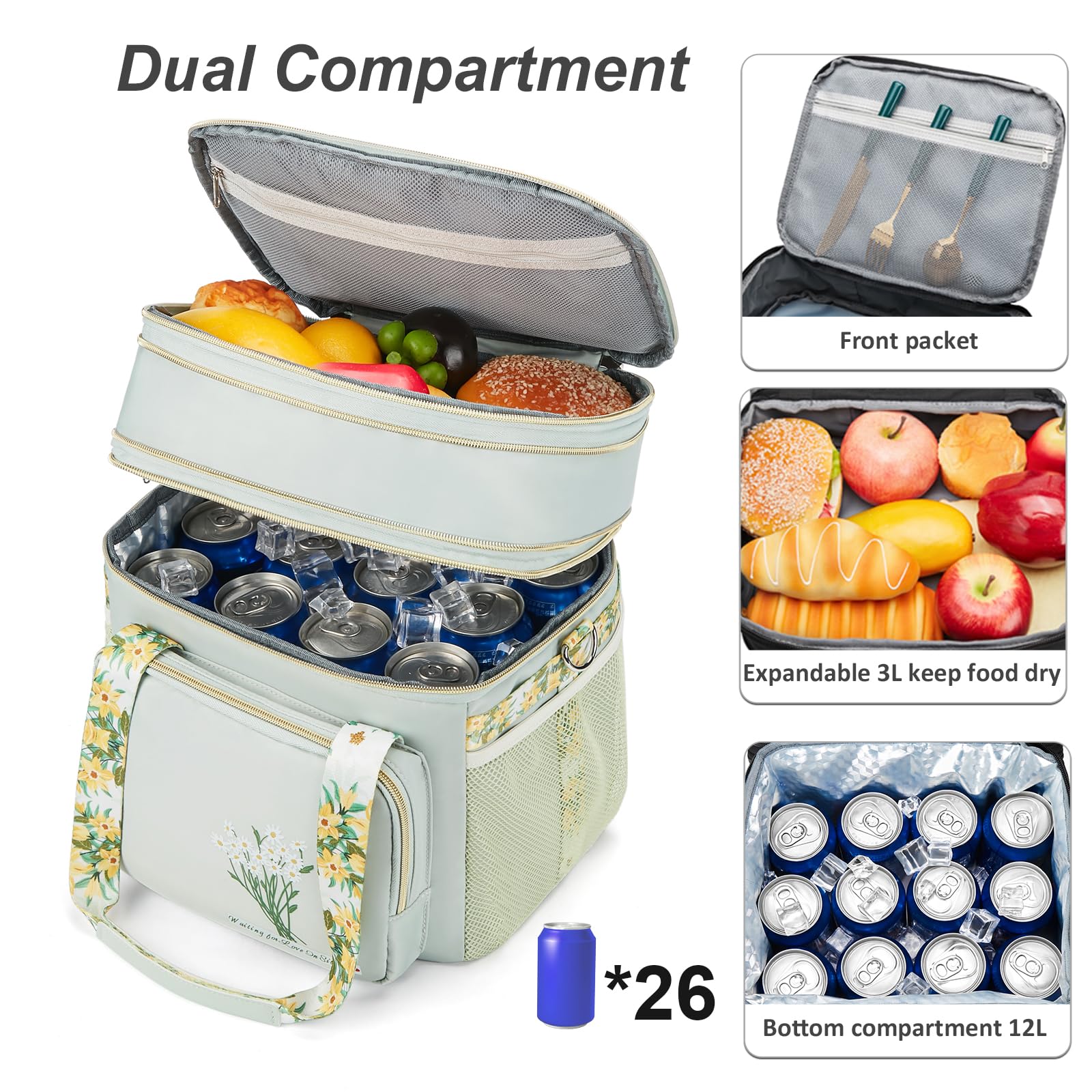 HSHRICH open bag revealing double compartments and mesh pocket for organized meal separation