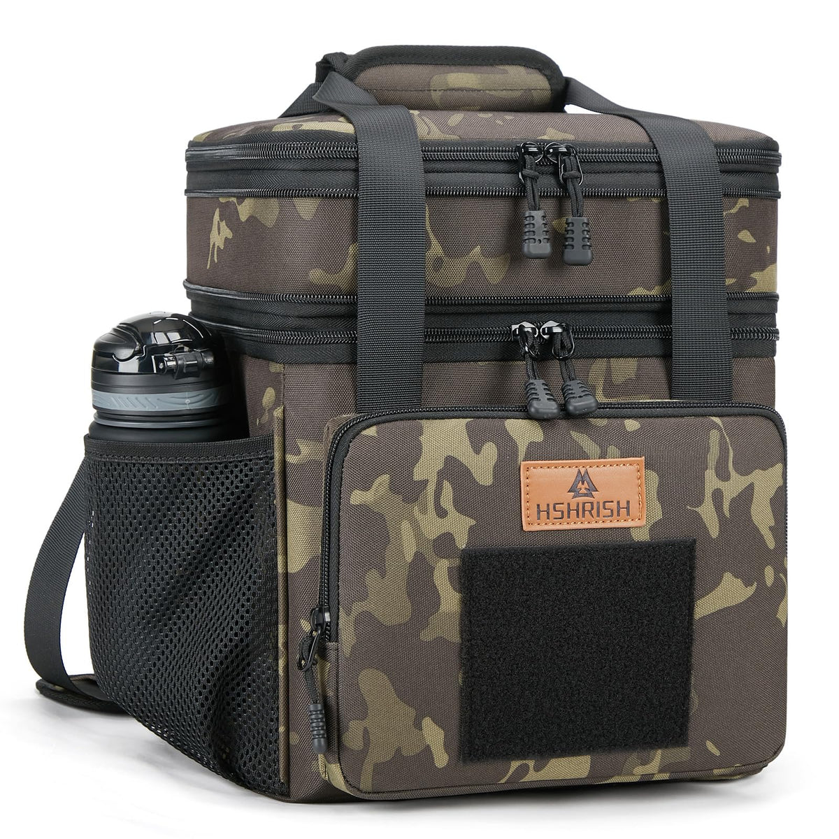HSHRISH front view showing full-size tactical lunch bag and zippered compartments, durable design benefit